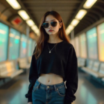 A stylish Korean teen girl in Acubi fashion, wearing oversized sunglasses, a black crop top, baggy jeans, and chunky sneakers, standing in a Seoul subway station with warm autumn sunlight filtering through the windows.