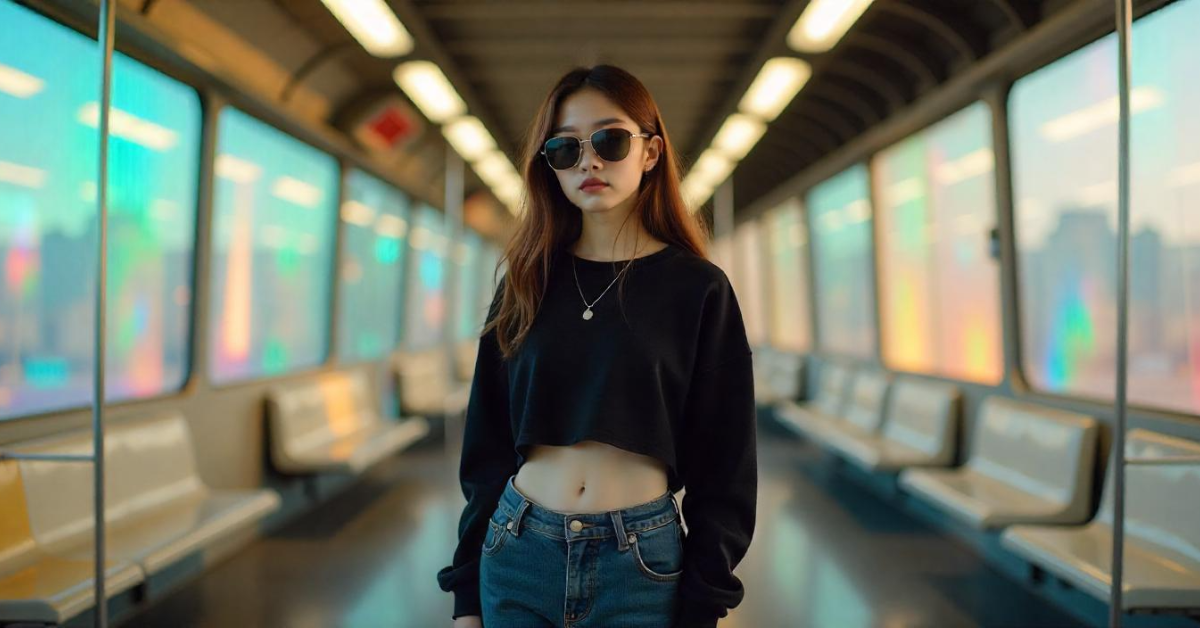 A stylish Korean teen girl in Acubi fashion, wearing oversized sunglasses, a black crop top, baggy jeans, and chunky sneakers, standing in a Seoul subway station with warm autumn sunlight filtering through the windows.