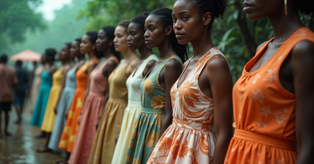 A group of women wearing sustainable African fashion dresses made from recycled materials at an eco-friendly fashion event in Dakar, Senegal, on a rainy day.