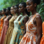 A group of women wearing sustainable African fashion dresses made from recycled materials at an eco-friendly fashion event in Dakar, Senegal, on a rainy day.