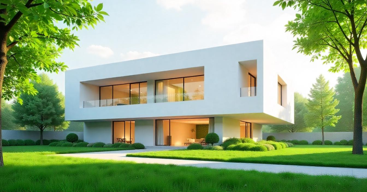 A modern minimalist buildings with large glass windows, surrounded by lush greenery and trees, showcasing contemporary architectural elegance.