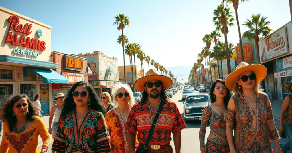 A group of stylish individuals in bold Chicano fashion walk down a bustling urban street lined with colorful storefronts, murals, and palm trees under a bright blue sky.