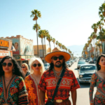 A group of stylish individuals in bold Chicano fashion walk down a bustling urban street lined with colorful storefronts, murals, and palm trees under a bright blue sky.