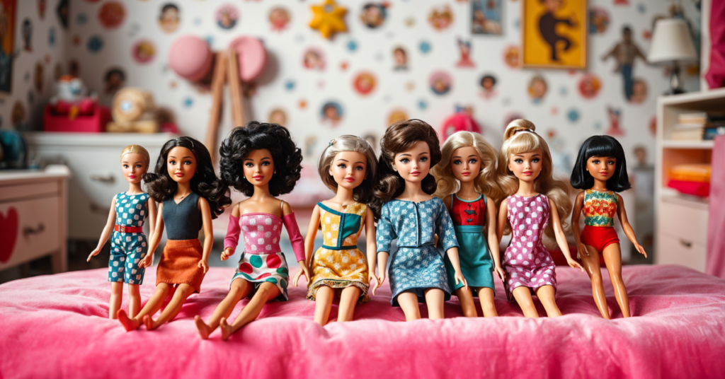 A collection of diverse fashion dolls from Mattel sitting on a pink bed, showcasing various outfits and hairstyles, representing the legacy of Fashion Toys from Mattel.