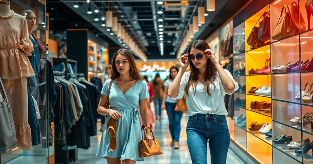 Two stylish young women shopping in a fashion accessories store, browsing handbags, shoes, and clothing.