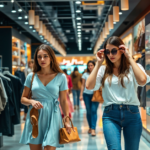 Two stylish young women shopping in a fashion accessories store, browsing handbags, shoes, and clothing.