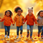 A group of five happy children wearing stylish Fashion Nova Kids orange and beige hoodies with jeans, walking hand in hand through a scenic autumn park covered in golden leaves.