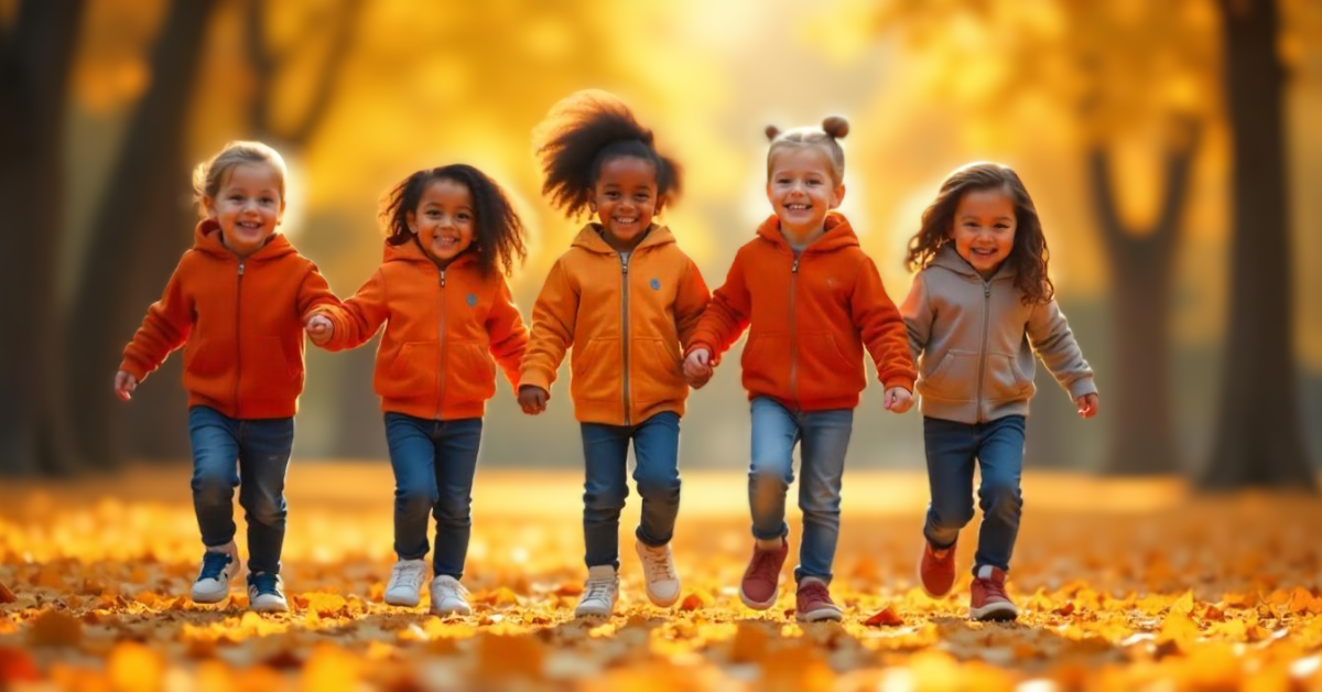 A group of five happy children wearing stylish Fashion Nova Kids orange and beige hoodies with jeans, walking hand in hand through a scenic autumn park covered in golden leaves.