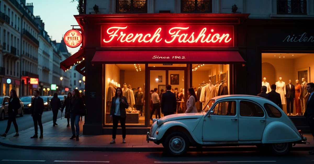 French Fashion Monogram Since 1962 displayed on a neon sign above a Parisian boutique at twilight, with shoppers and a vintage Citroën car outside.