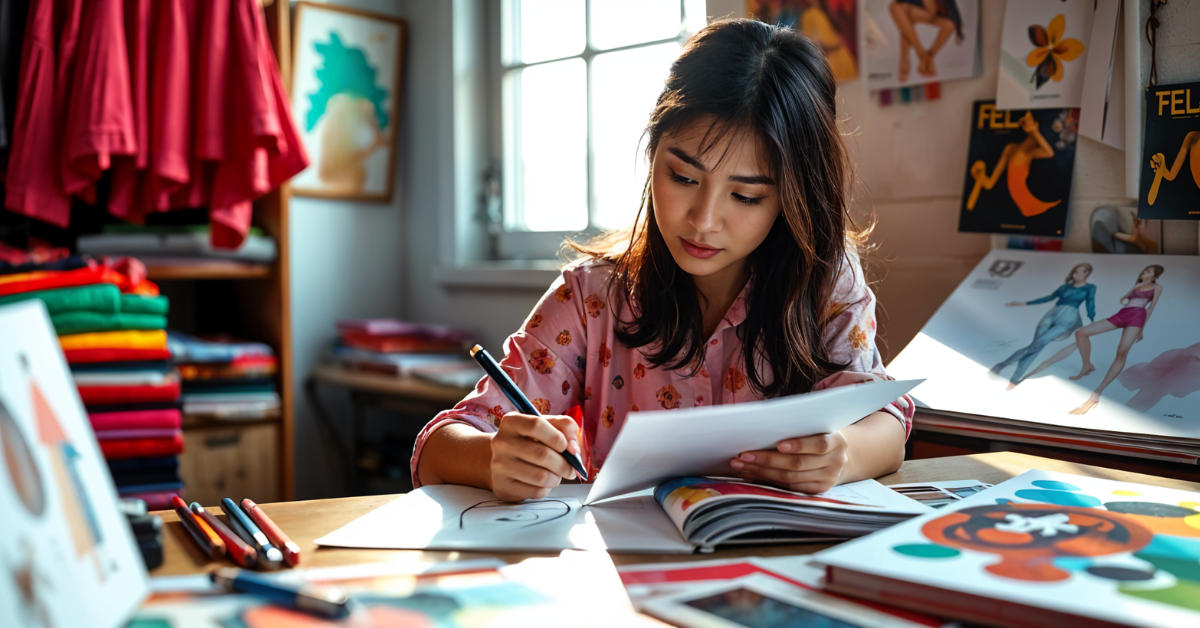 A young woman sketching a fashion design, representing the beginning of a career in fashion design.