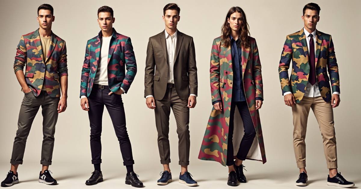 A diverse group of stylish individuals wearing camo-patterned blazers and coats, blending military aesthetics with modern gay fashion. Their outfits showcase a mix of streetwear, luxury, and casual styles, highlighting the versatility of camouflage in LGBTQ+ and mainstream fashion.