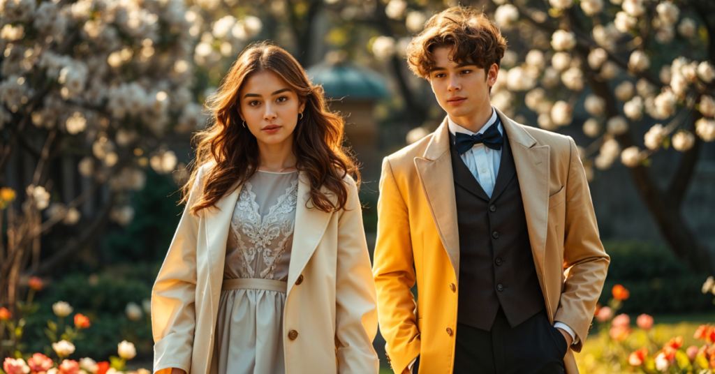 A stylish young man and woman dressed in elegant Ouji fashion, walking through a garden with blooming flowers in the background.