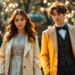 A stylish young man and woman dressed in elegant Ouji fashion, walking through a garden with blooming flowers in the background.