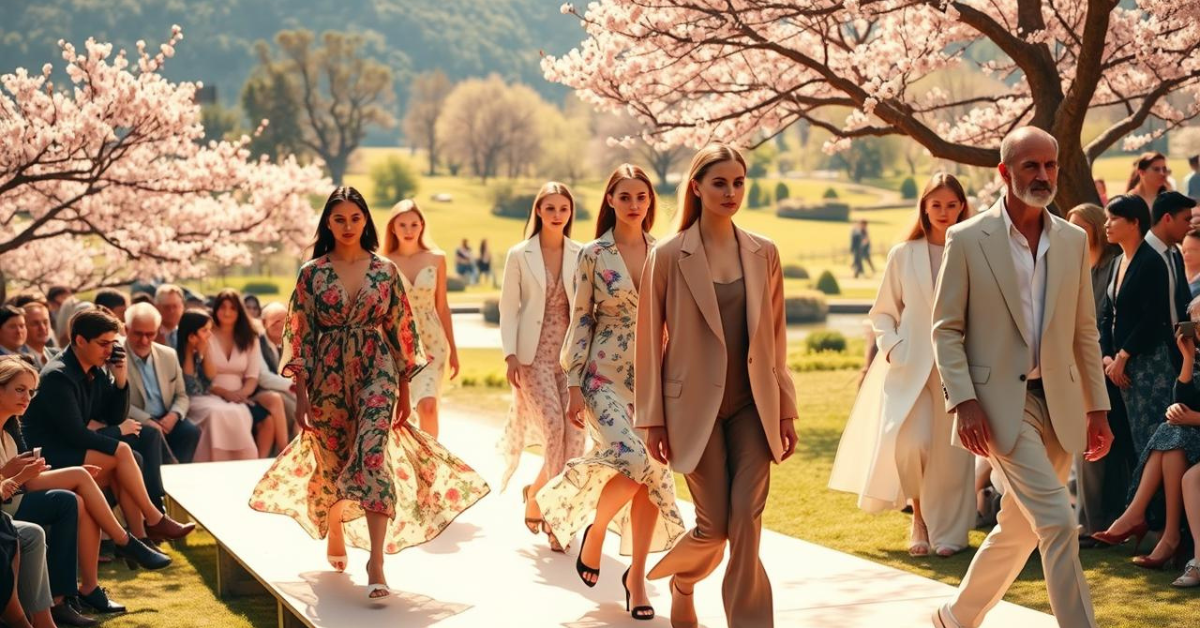 Models showcase Spring 2025 Fashion Trends on an outdoor runway, wearing floral dresses, oversized blazers, and pastel outfits, surrounded by cherry blossoms.