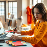 A girl working on her fashion designs ideas with a laptop and papers, exploring ways to protect her creations.