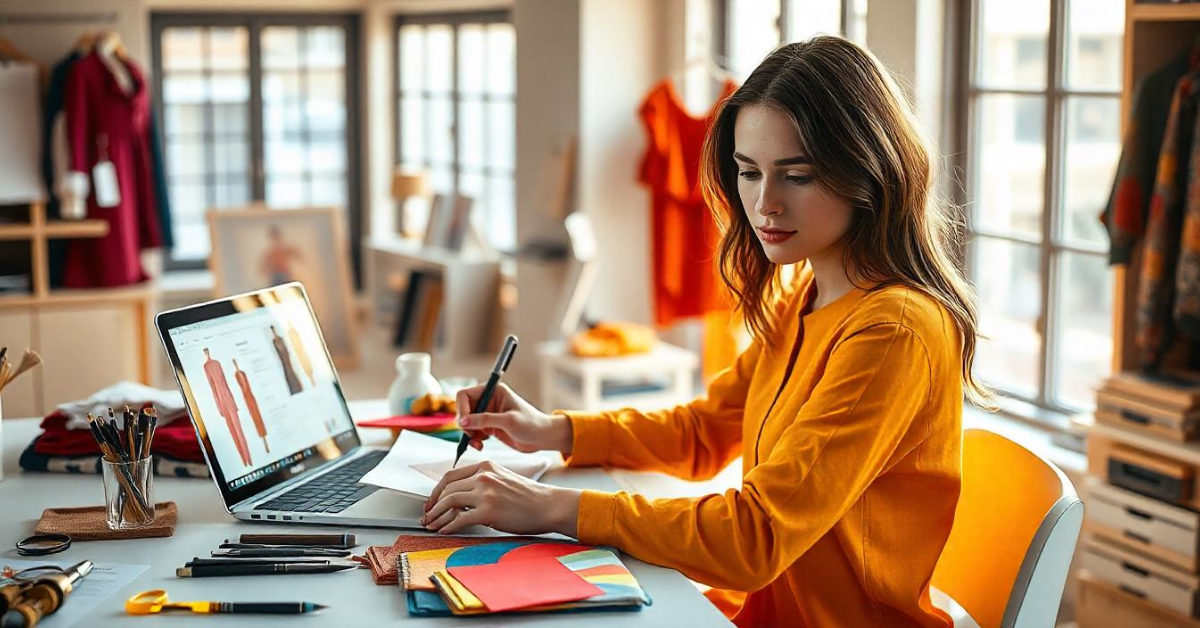 A girl working on her fashion designs ideas with a laptop and papers, exploring ways to protect her creations.