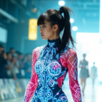 A futuristic runway model wearing a neon-lit outfit, showcasing innovative shin elements in fashion design.