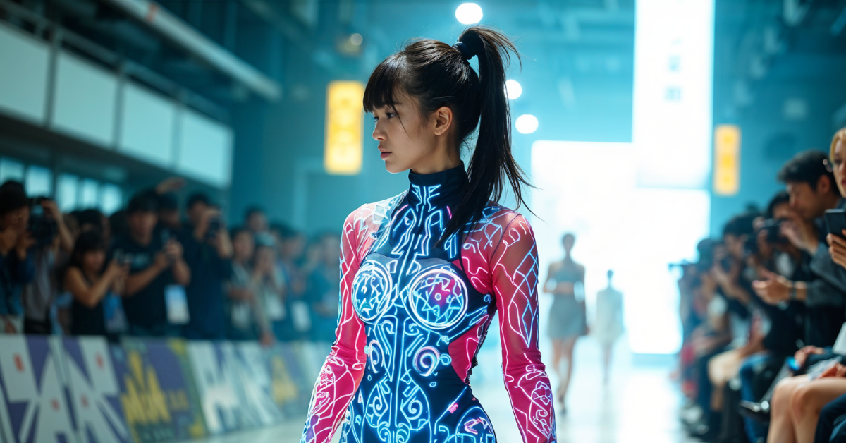 A futuristic runway model wearing a neon-lit outfit, showcasing innovative shin elements in fashion design.