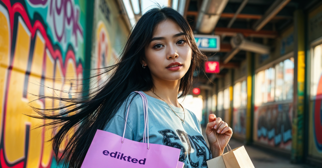 A young woman with long black hair walks through an urban area with graffiti-covered walls. She carries shopping bags, including one from Edikted, a popular fashion brand.