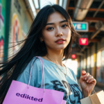 A young woman with long black hair walks through an urban area with graffiti-covered walls. She carries shopping bags, including one from Edikted, a popular fashion brand.