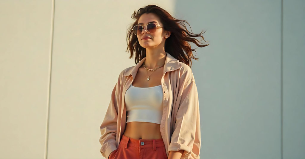 A confident woman wearing a relaxed, stylish outfit featuring a white crop top, an open-button pastel shirt, and high-waisted pants, with her hair flowing in the wind. The image reflects the idea that fashion style is not just about appearance but also about feeling comfortable and expressing individuality with ease.