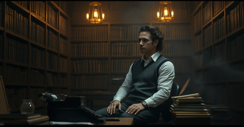 A young man dressed in dark academia fashion sits in a dimly lit library, surrounded by towering bookshelves filled with old books. He wears a white shirt, a dark sweater vest, and a wristwatch, embodying a scholarly and intellectual aesthetic.