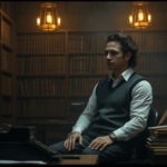 A young man dressed in dark academia fashion sits in a dimly lit library, surrounded by towering bookshelves filled with old books. He wears a white shirt, a dark sweater vest, and a wristwatch, embodying a scholarly and intellectual aesthetic.