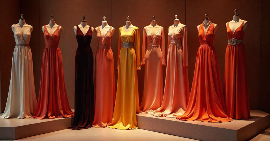 A collection of elegant Fashion Nova dresses in various shades of orange, yellow, and cream, displayed on mannequins in a stylish showroom.