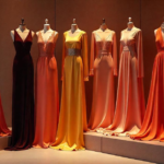 A collection of elegant Fashion Nova dresses in various shades of orange, yellow, and cream, displayed on mannequins in a stylish showroom.