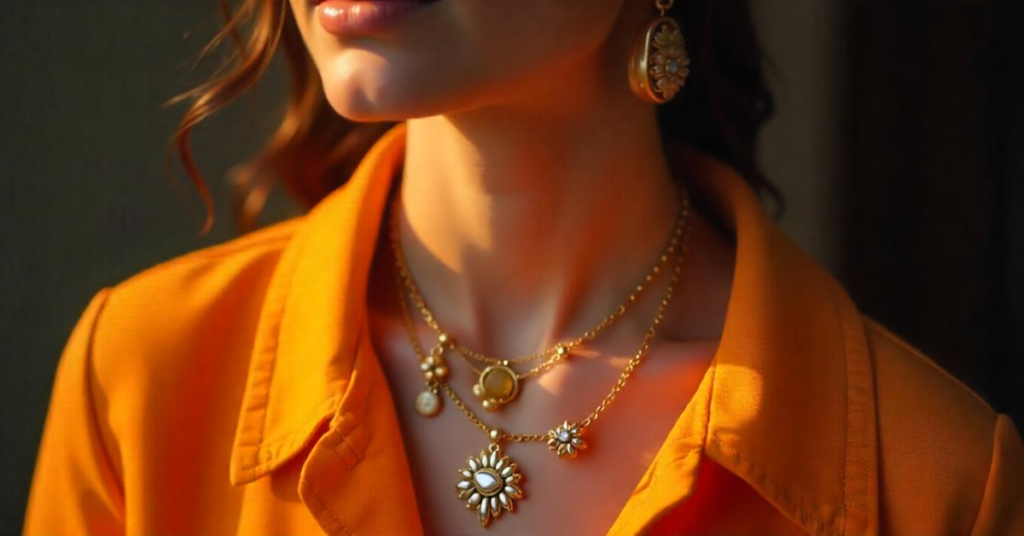 A woman wearing layered fashion jewelry, including gold necklaces with intricate pendants and matching statement earrings, elegantly paired with a vibrant orange outfit.