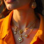 A woman wearing layered fashion jewelry, including gold necklaces with intricate pendants and matching statement earrings, elegantly paired with a vibrant orange outfit.