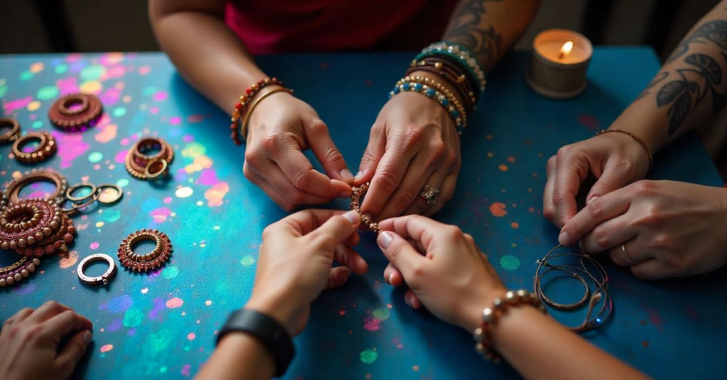 A group of people crafting custom fashion jewelry, assembling beaded bracelets and decorative earrings on a colorful table, showcasing the growing trend of DIY jewelry.