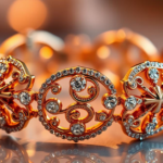 A luxurious fashion plating bracelet with intricate gold-toned filigree and sparkling gemstones, elegantly displayed against a warm, reflective surface.