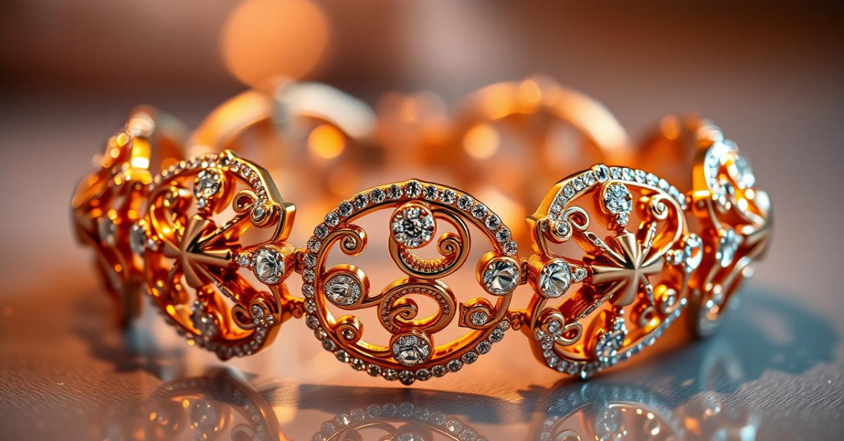 A luxurious fashion plating bracelet with intricate gold-toned filigree and sparkling gemstones, elegantly displayed against a warm, reflective surface.