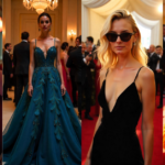 A collage of four stylish women in Hollywood-inspired fashion, featuring elegant red carpet gowns, vintage-inspired casual wear, and bold modern evening attire.