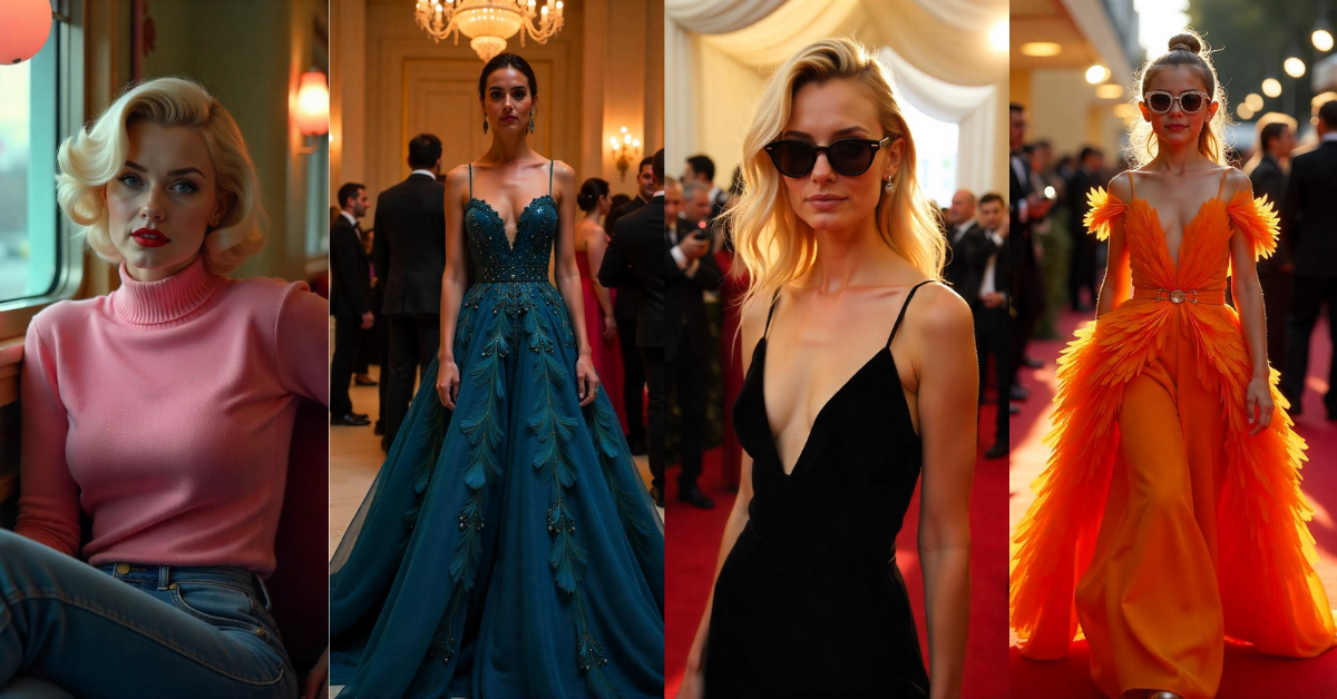 A collage of four stylish women in Hollywood-inspired fashion, featuring elegant red carpet gowns, vintage-inspired casual wear, and bold modern evening attire.