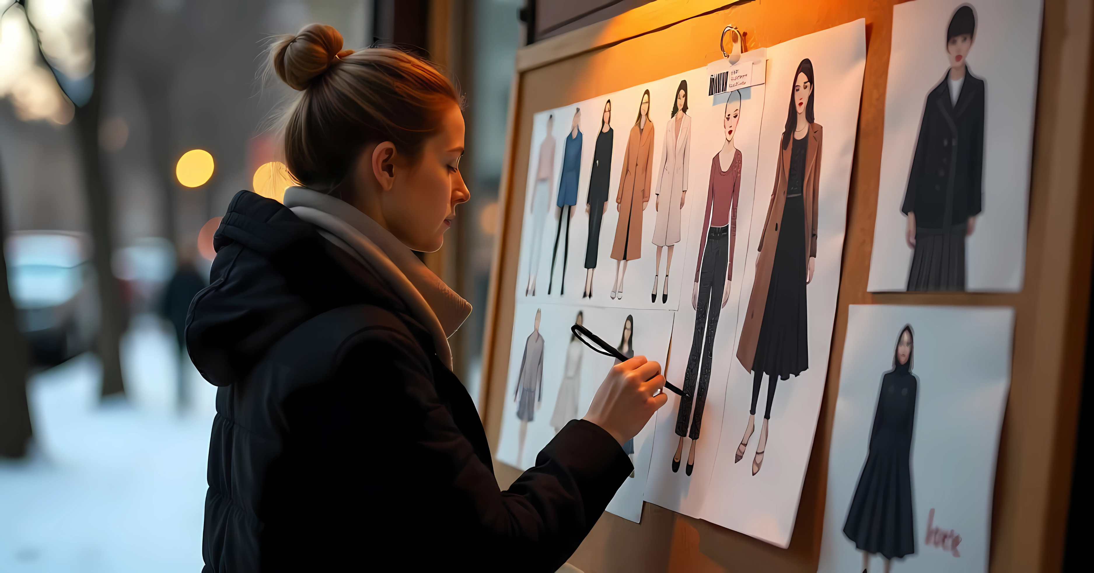 A young fashion stylist in a black winter coat and hoodie is sketching stylish outfit designs on a board outdoors in a snowy setting, with warm streetlights in the background.