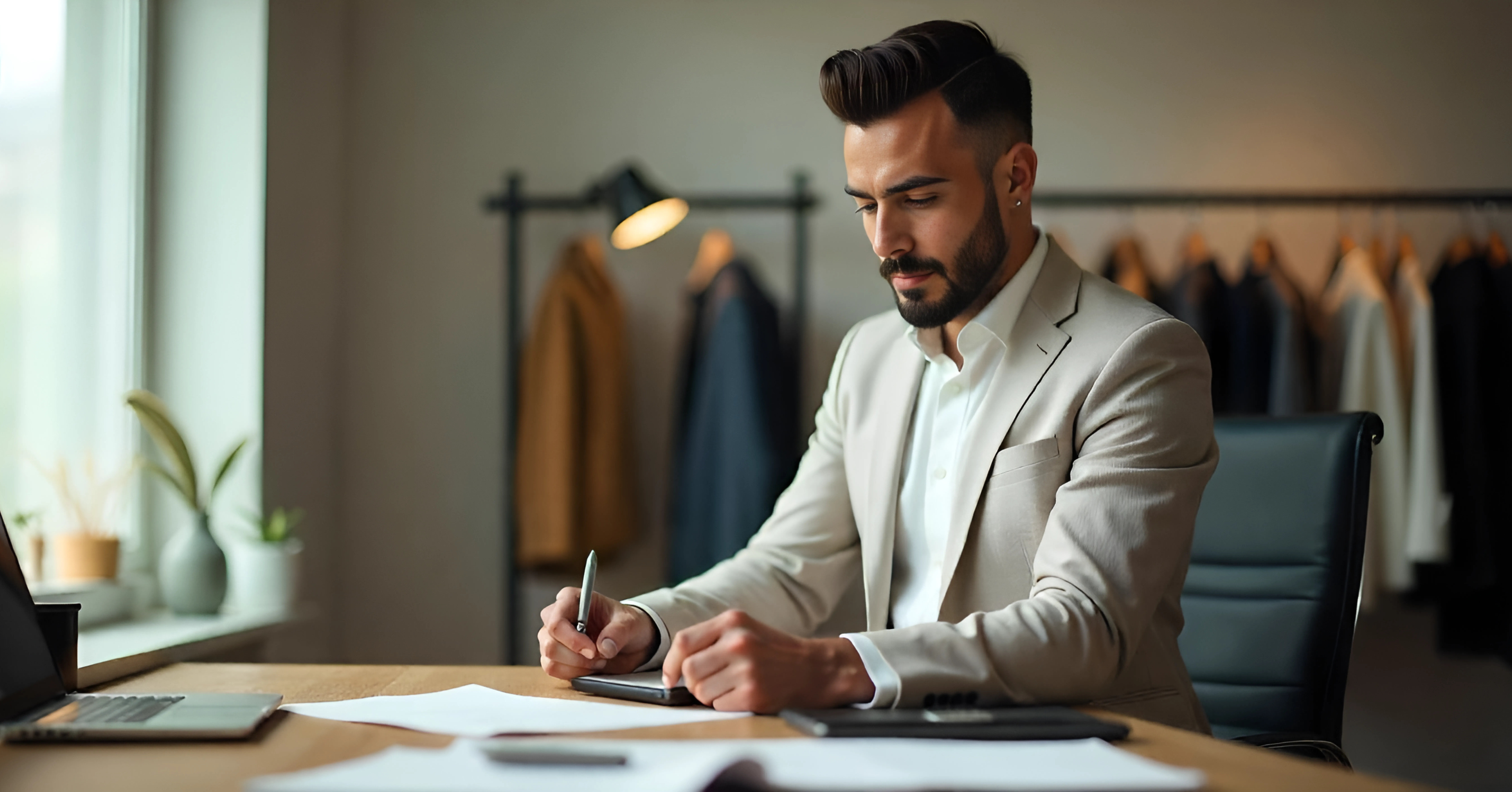A stylish man in a beige suit sits at a desk, writing on a tablet, with a clothing rack displaying fashionable coats and jackets in the background.