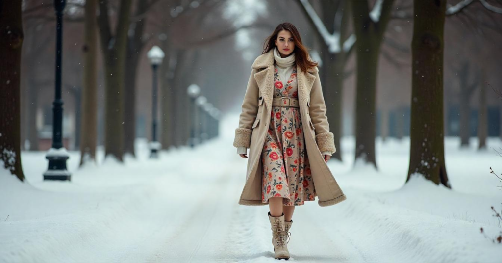 A stylish woman walks through a snow-covered park wearing a vintage floral dress, a beige shearling coat, and lace-up boots, showcasing maximalist fashion on a winter day.