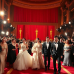 Celebrities in elegant gowns and tuxedos showcase Oscar fashion on the red carpet, surrounded by photographers and flashing cameras.