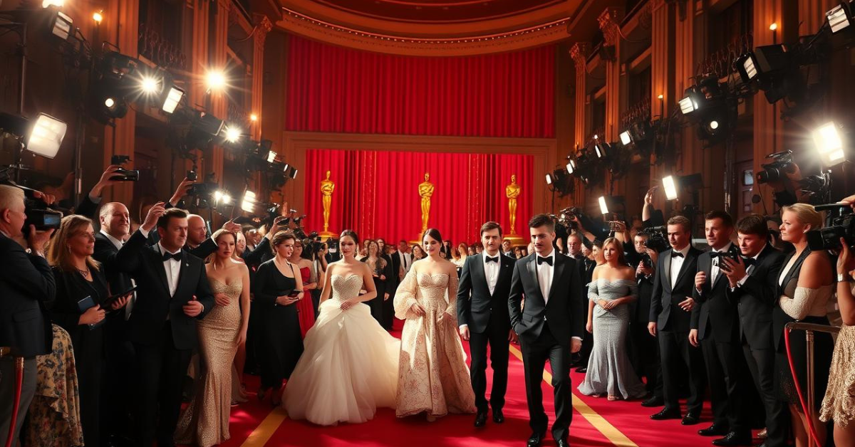 Celebrities in elegant gowns and tuxedos showcase Oscar fashion on the red carpet, surrounded by photographers and flashing cameras.