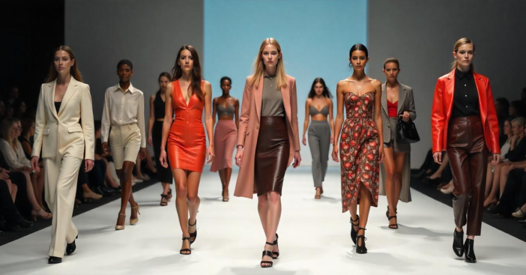 Models walking down a fashion runway, showcasing different types of fashion styles, from elegant tailored suits to bold statement dresses.