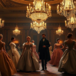 A grand ballroom scene from the 1840s, featuring elegantly dressed men and women in period-accurate attire, illuminated by opulent chandeliers.