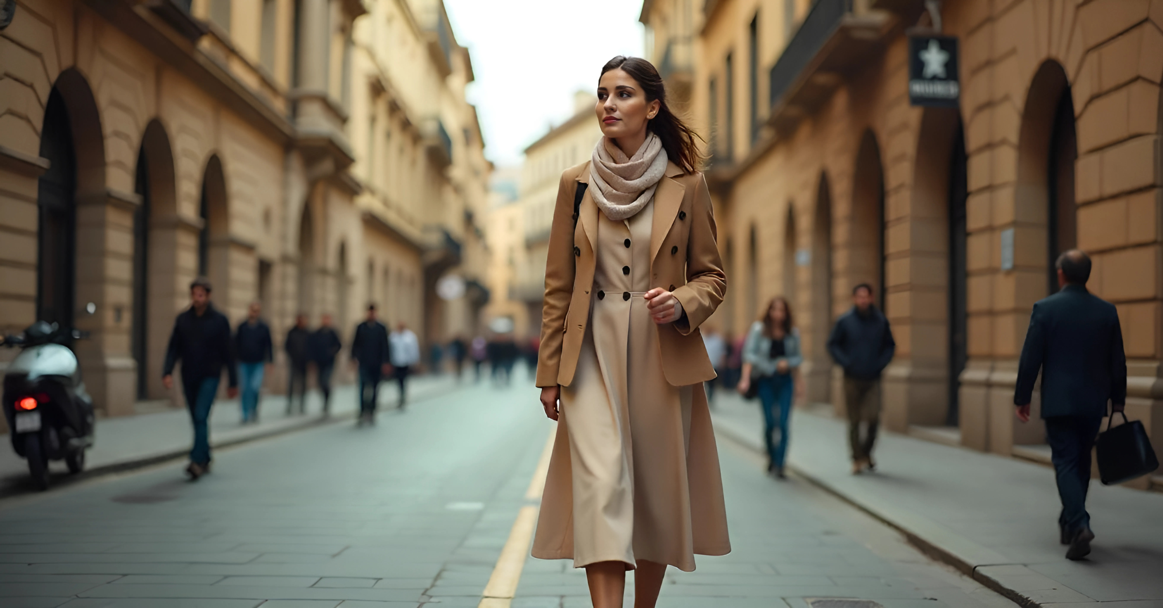 A stylish woman in a beige and camel-toned outfit walking confidently down a European-style street, surrounded by historic architecture and pedestrians, reflecting the journey of discovering what is my fashion style.