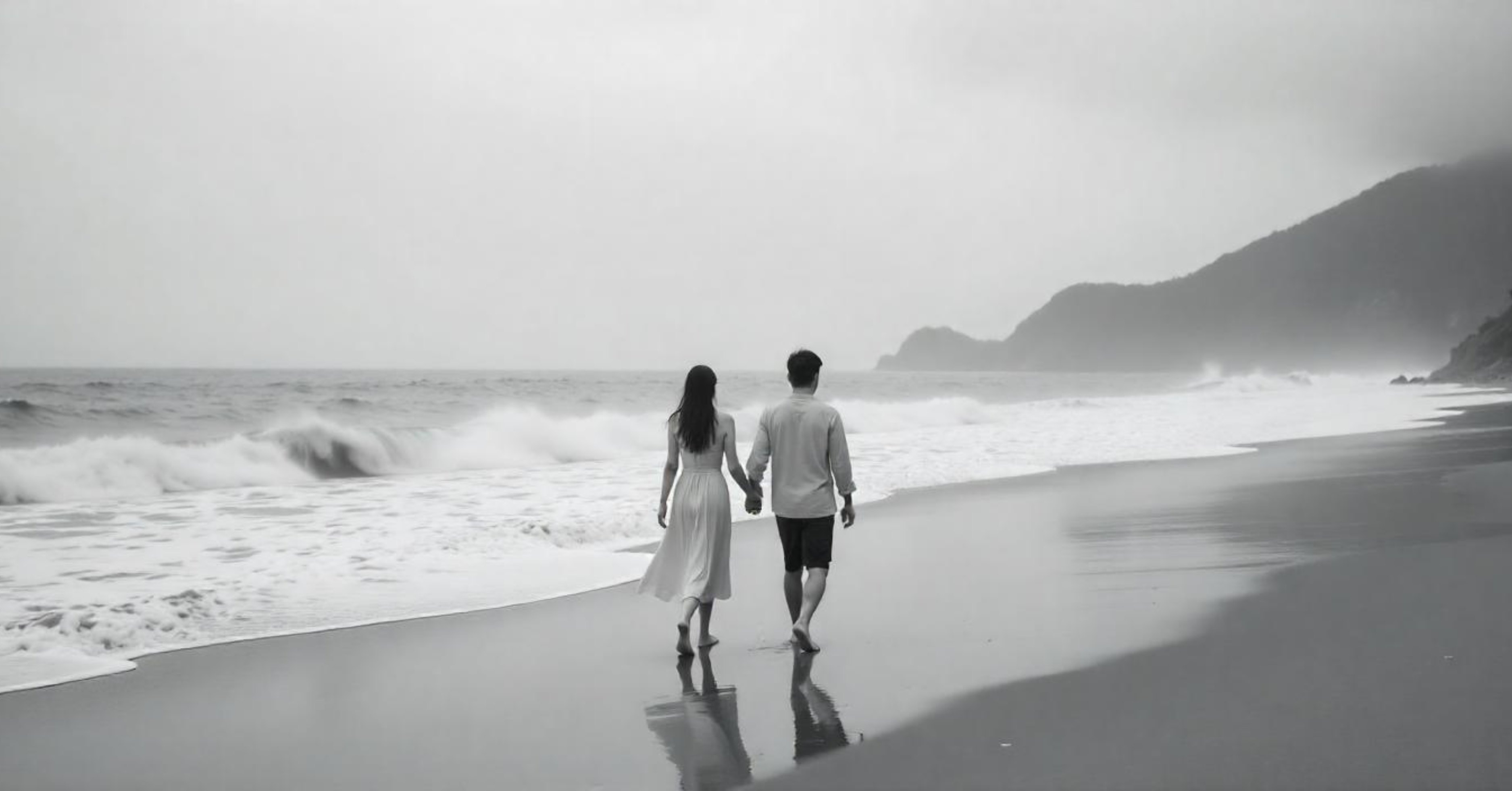 A black and white image of a Chinese couple walking hand-in-hand on a deserted Hong Kong beach with waves crashing in the background.