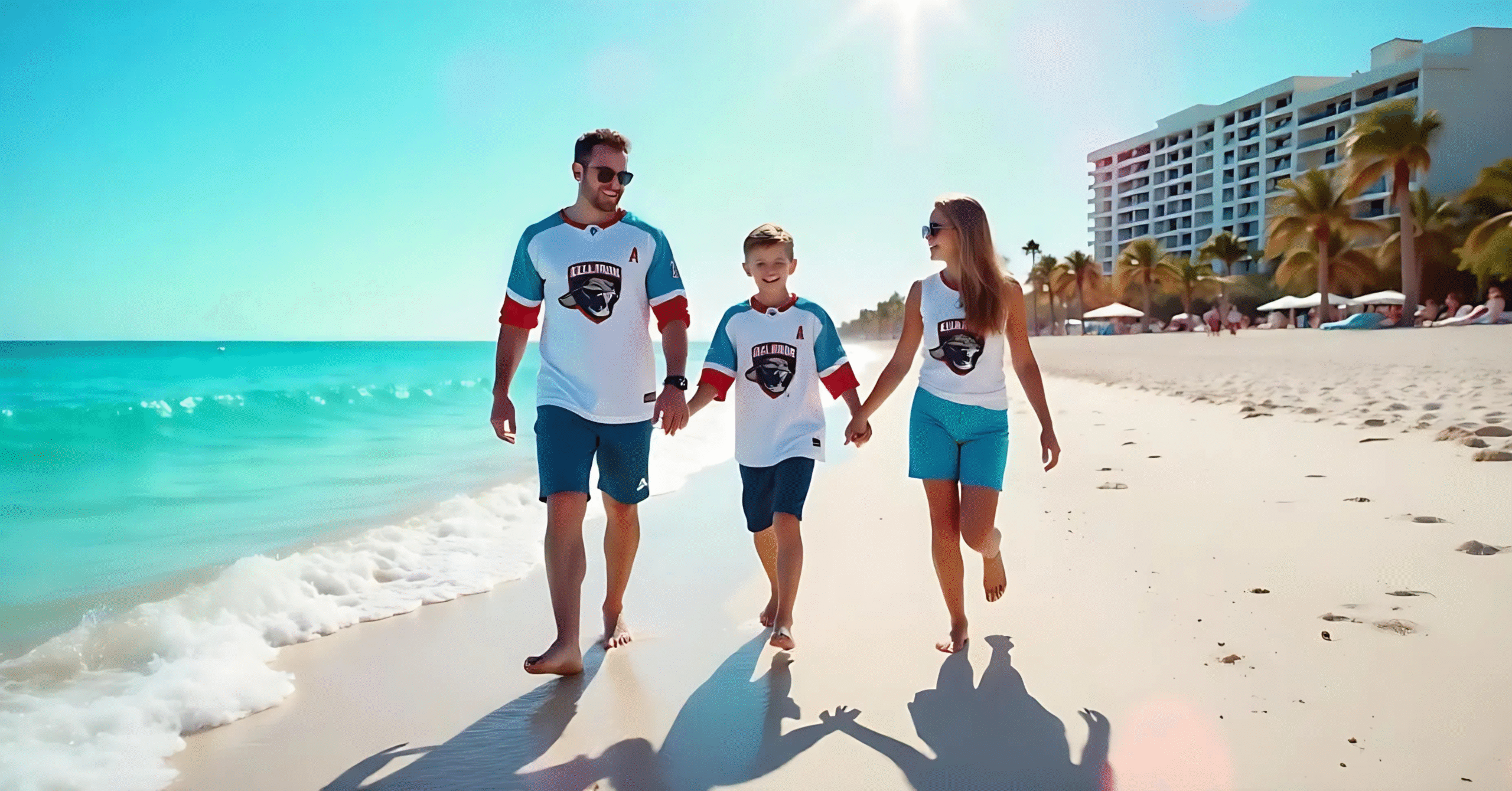 Family in Florida Panthers jerseys walking on a sunny Fort Lauderdale beach with "Your 2025 Hockey Getaway Awaits" headline, promoting Florida Panthers Travel Packages.