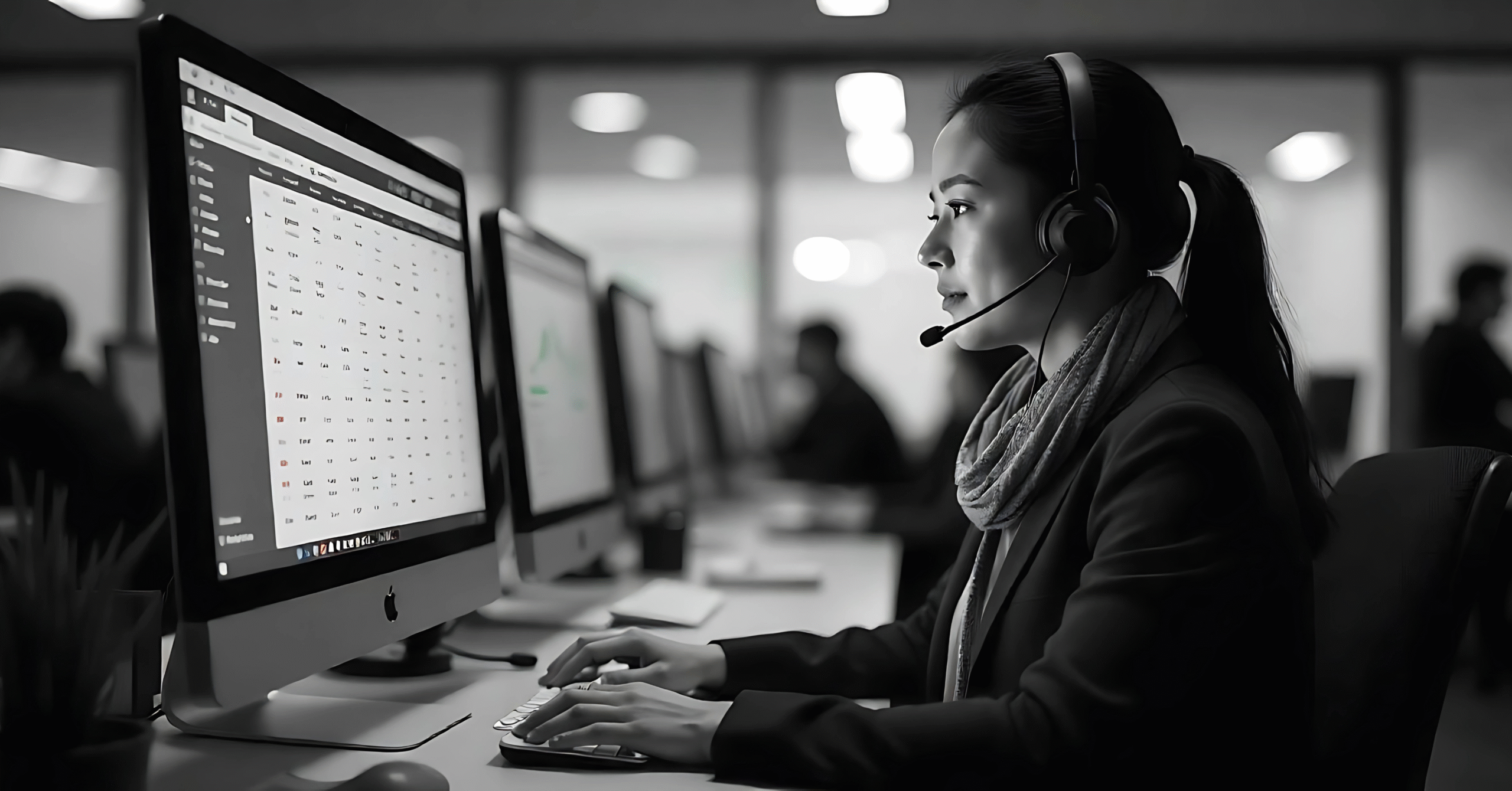 Asian travel agent assisting a client over the phone in a busy office, with a computer displaying travel packages on a winter morning.