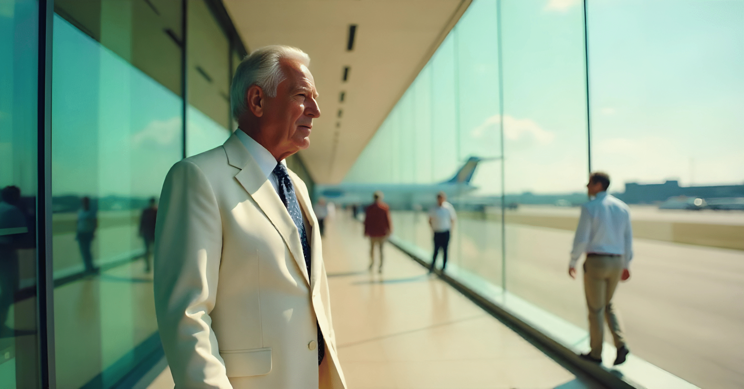 King Charles in a light linen suit touring a solar-powered airport in Dubai, observing green technologies on a sunny morning.