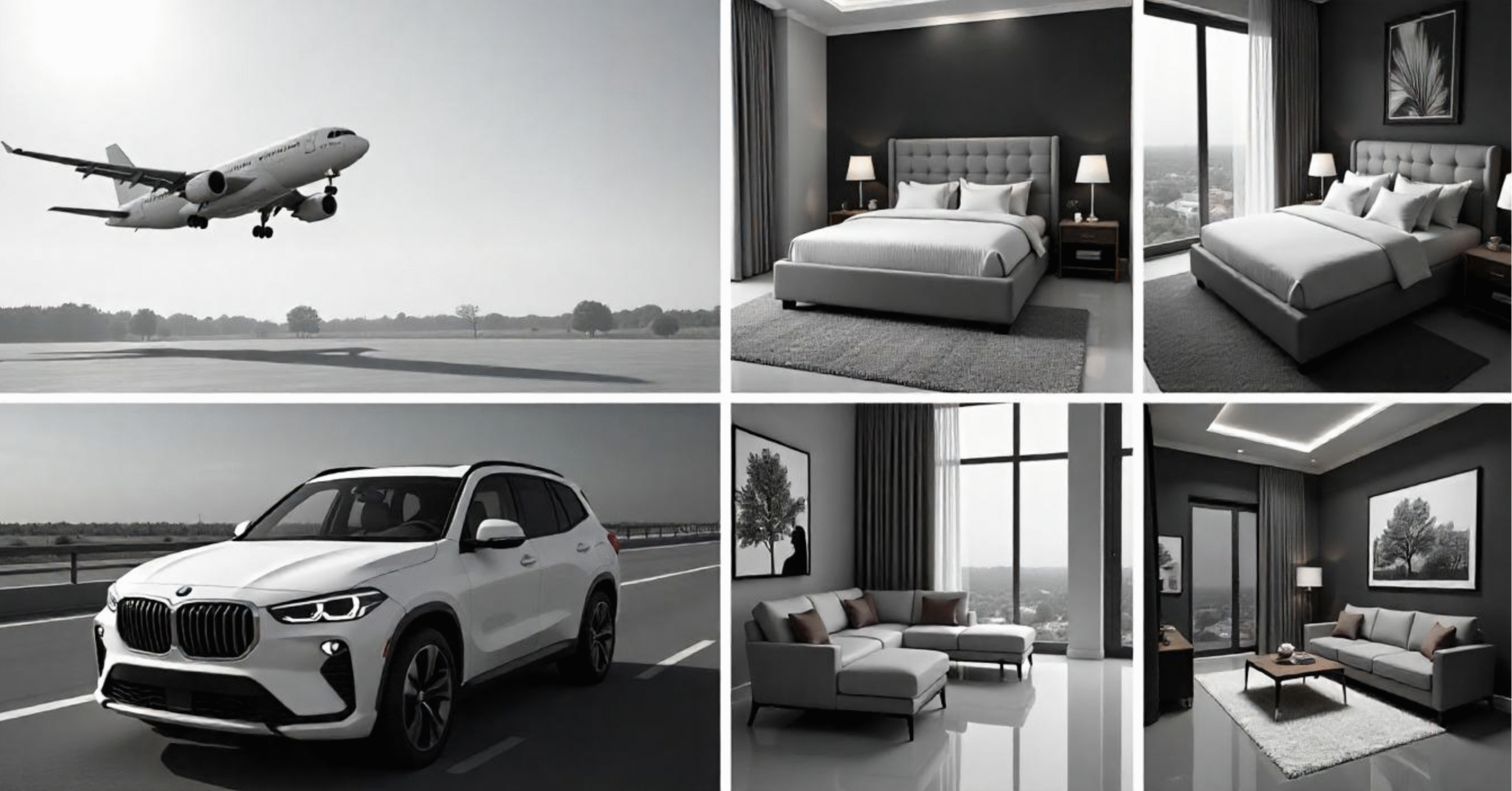 A collage of luxury travel benefits available through a Travel Card, including a plane taking off, upscale hotel rooms, a white rental SUV, and elegant lounge areas.