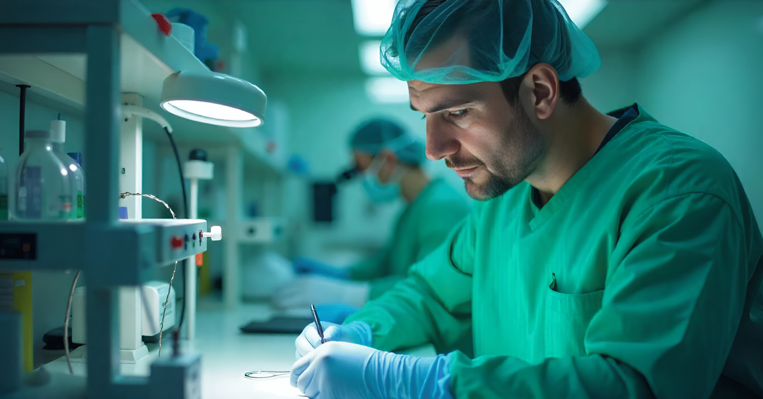 Middle-aged male travel sterile processing technician inspecting sterilized instruments under a magnifying lamp in a clean, sterile environment.